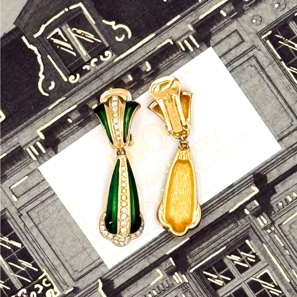 Christian Dior Vintage 1970s Green and Gold-Plated Drop Earrings